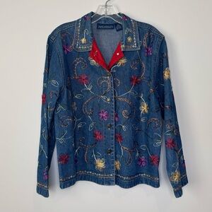 Jane Ashley Denim Jacket Women’s Size Small Floral Embroidered Blue Jean Coat